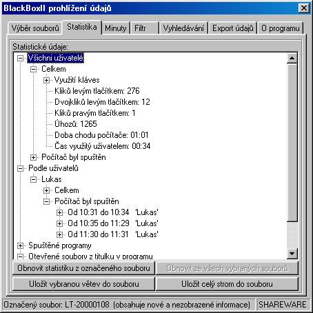 Údaje vysledované BlackBoxemII